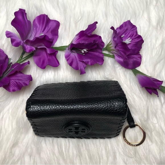Tory Burch Marion Black Pebble Leather Hidden Zip Coin Wallet/Case w/ Key Ring - Picture 4 of 15